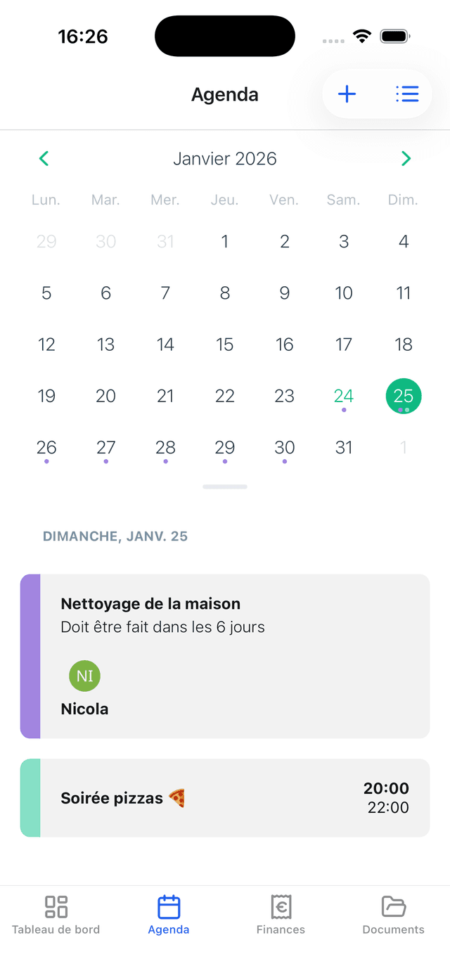 Agenda, events & chores