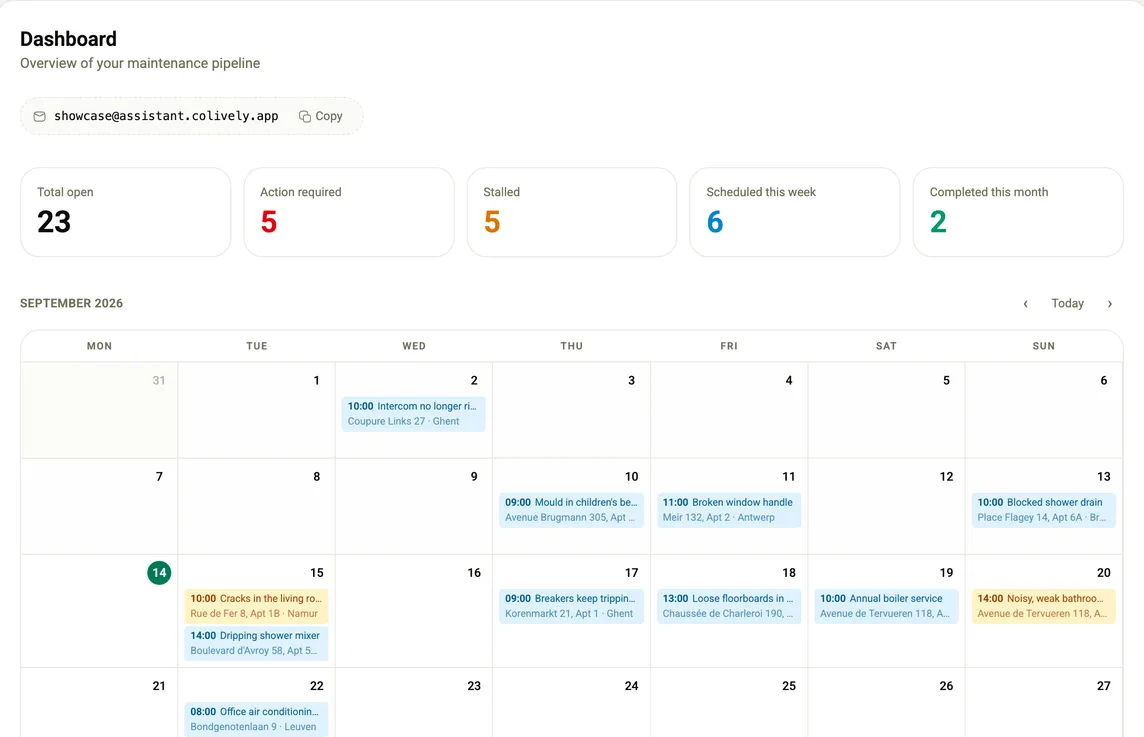 The Colively dashboard: case counters and a monthly calendar of scheduled jobs.