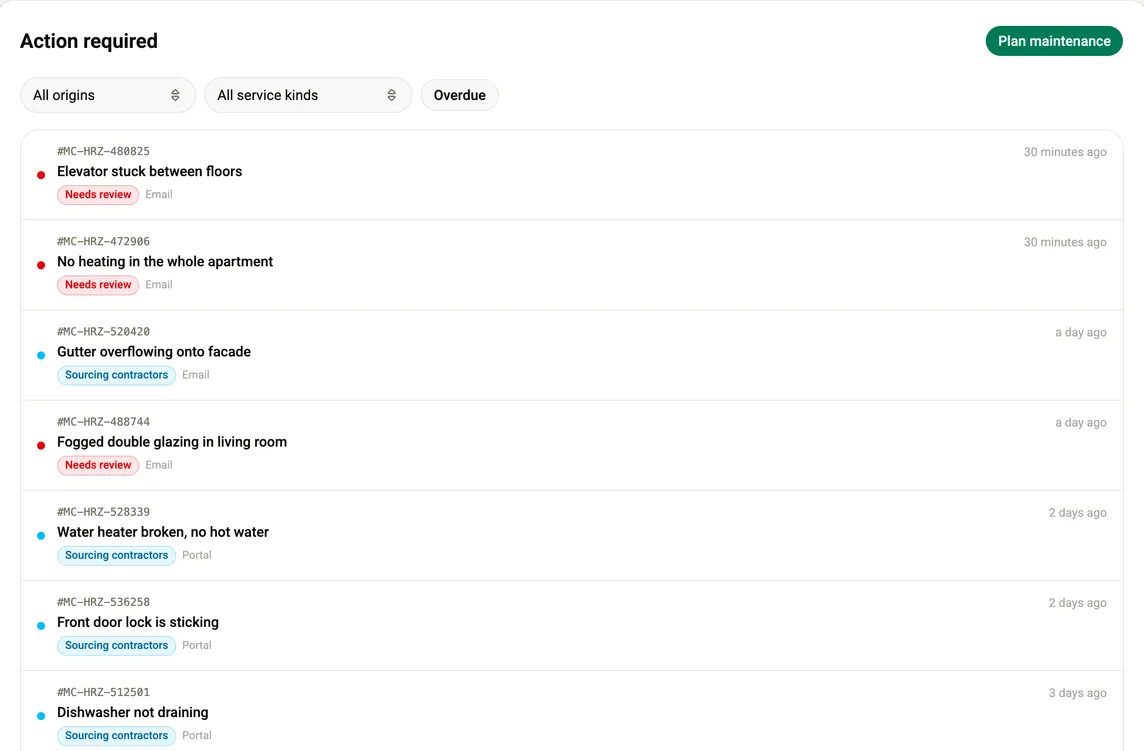 The Action required queue in Colively: every request with its reference, status, source channel and age.