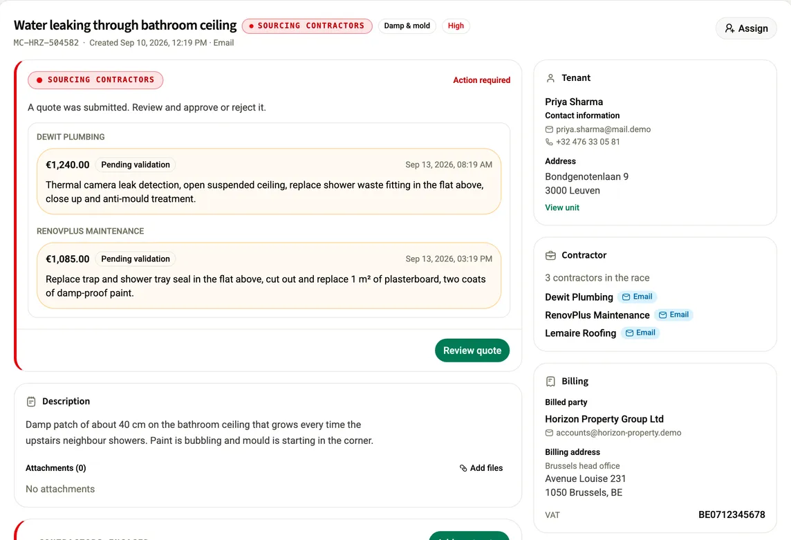 A Colively case with two competing contractor quotes, the reported problem and the contact details of the person who reported it.