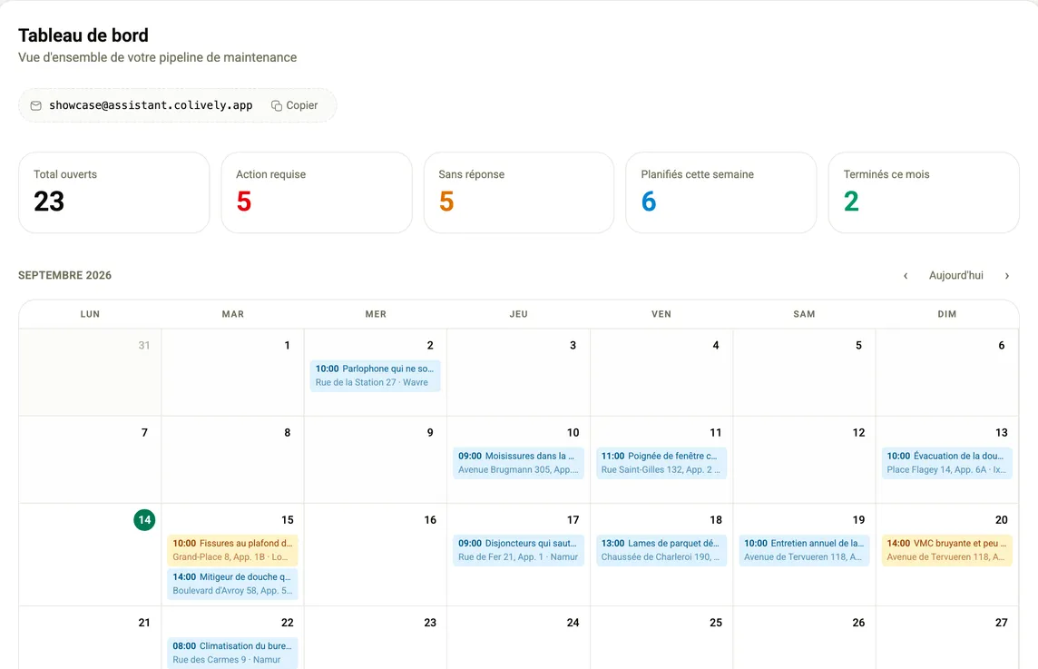 Le tableau de bord Colively : compteurs de dossiers et calendrier mensuel des interventions planifiées.