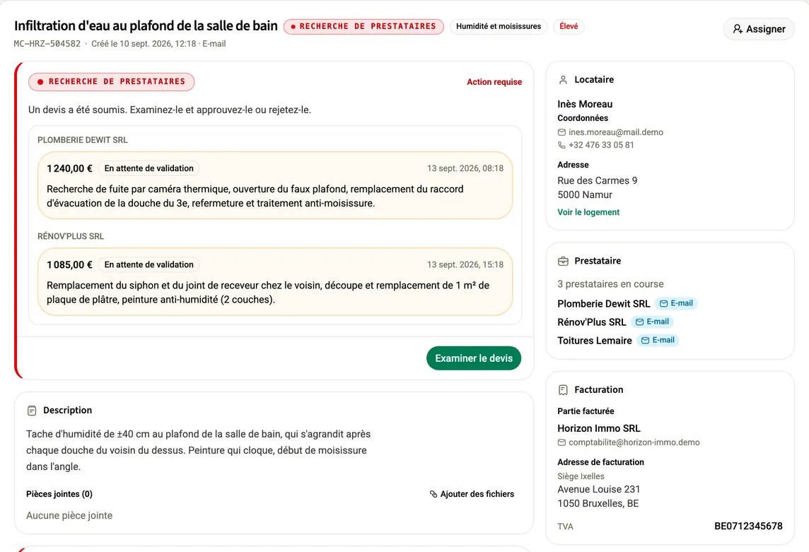 Un dossier Colively avec deux devis d'artisans en concurrence, la description du problème et les coordonnées de la personne qui l'a signalé.