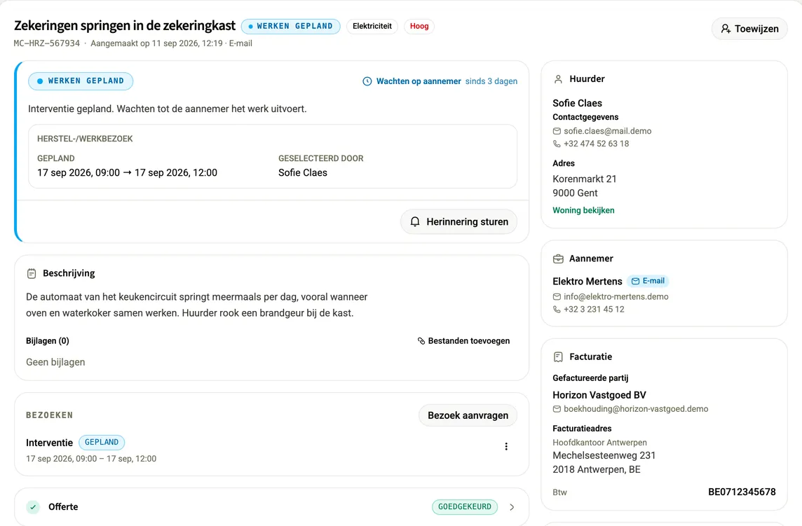 Een gepland dossier: bevestigd tijdslot, toegewezen aannemer en de vorige stappen al goedgekeurd.
